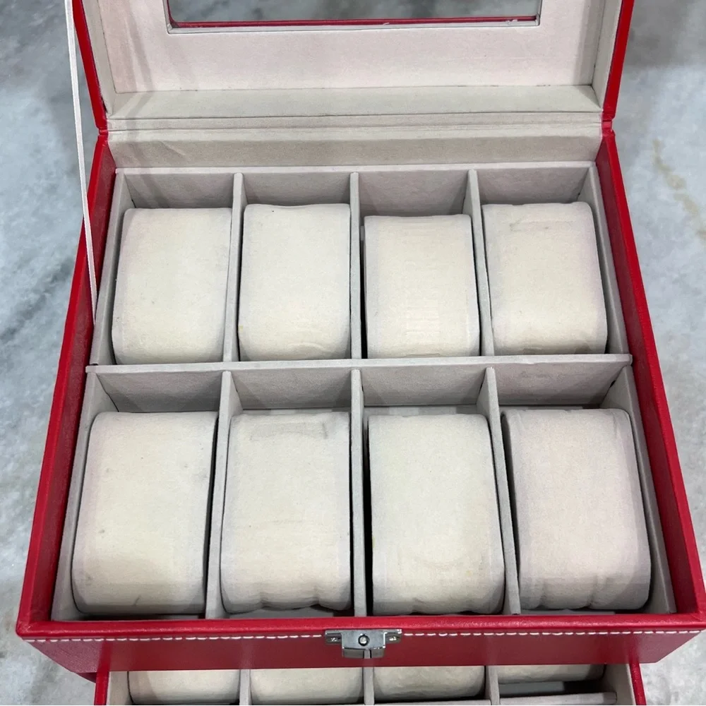 2 TIER Coral Red Faux Leather Watch Box